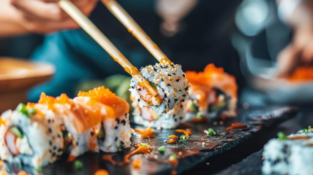 close up person eating sushi 1