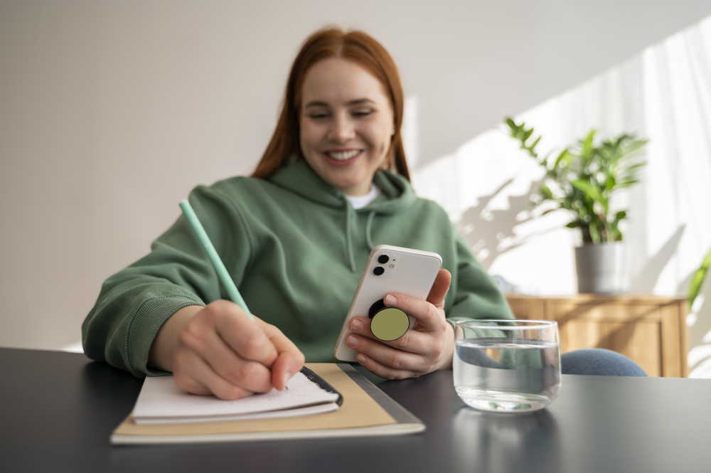 Образование в 2024 году: новые подходы и технологии 6 portrait woman using smartphone with pop socket outdoors