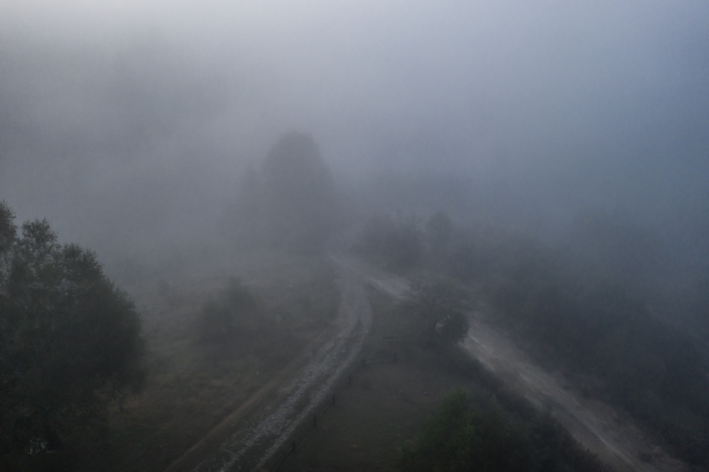 aerial view colorful mixed forest shrouded morning fog beautiful autumn day